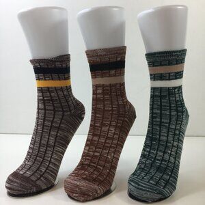 Unisex Striped Pattern Crew Socks 3-Pack Brown Green Yellow Comfy Fit